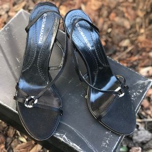 $150 BCBG MaxAzria Mela-S Black Satin stone heels